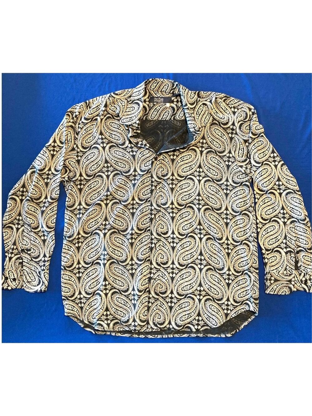 Men's Nat Nast Luxury 100% Silk Long Sleeve Button Front Shirt - Navy Paisley LG
